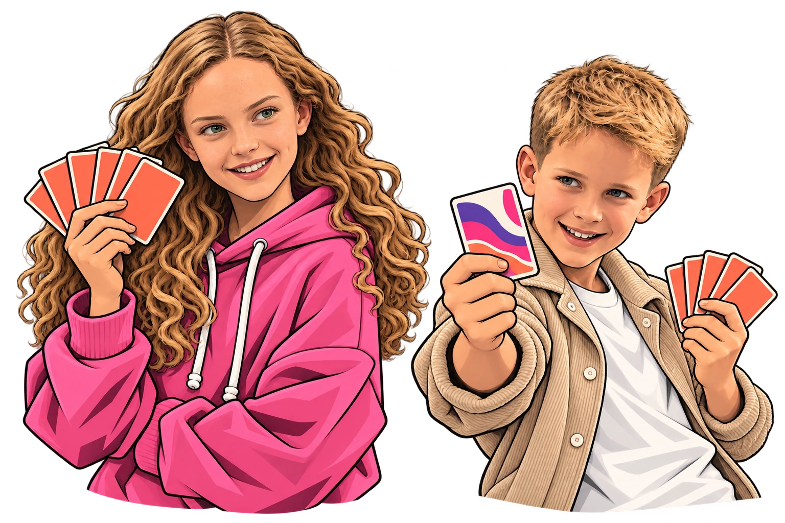 Maja und Linus als grafische Comicfiguren mit Spielkarten