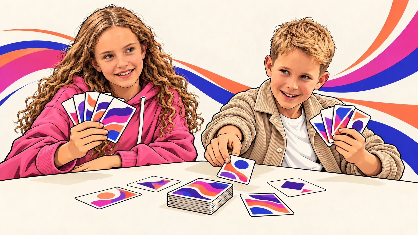 Maja und Linus als gezeichnete Figuren beim Kartenspielen, mit eigenen Kartenmotiven in der MALINO Farbwelt